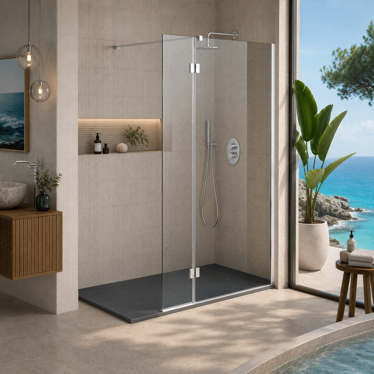 Mineral walk-in shower glass