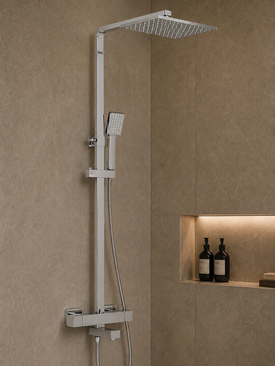 Cosmo Thermostatic Three-Way Shower System with Bath Spout (Square) – Chrome